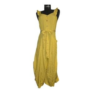 Yellow Women's jumper Button Up, Tie At Waist Baggy Pants.